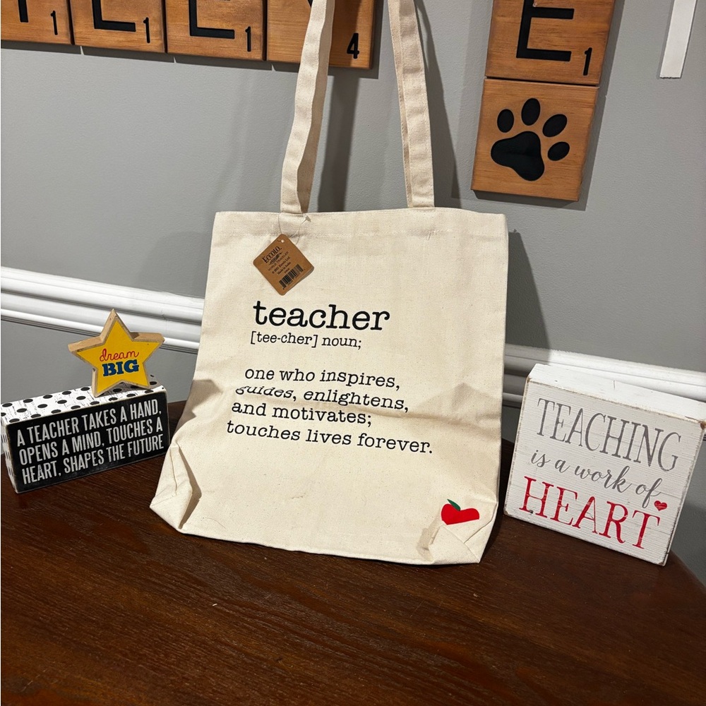 4 Piece Teacher Gifts/Decor - Canvas Tote Bag with Teacher Print - Cream